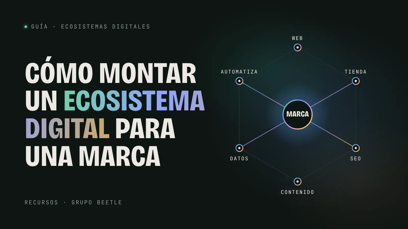 Diagrama de un ecosistema digital: la marca en el centro conectada con web, tienda, SEO, contenido, automatización y analítica