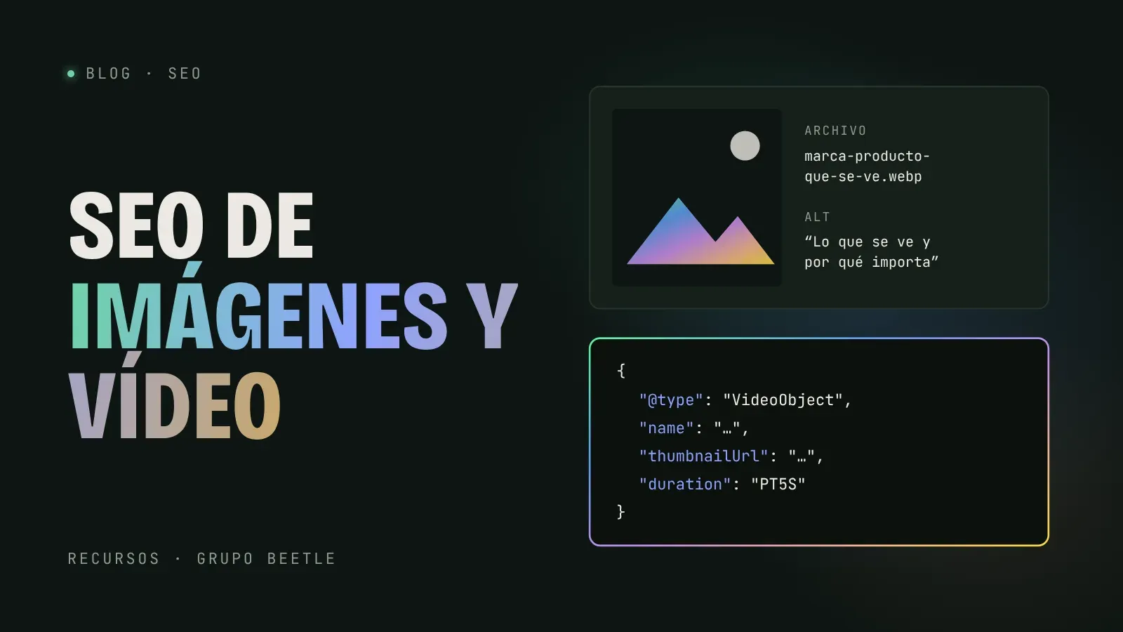 Ficha de una imagen con su nombre de archivo descriptivo, su texto alternativo y un bloque de datos estructurados de vídeo
