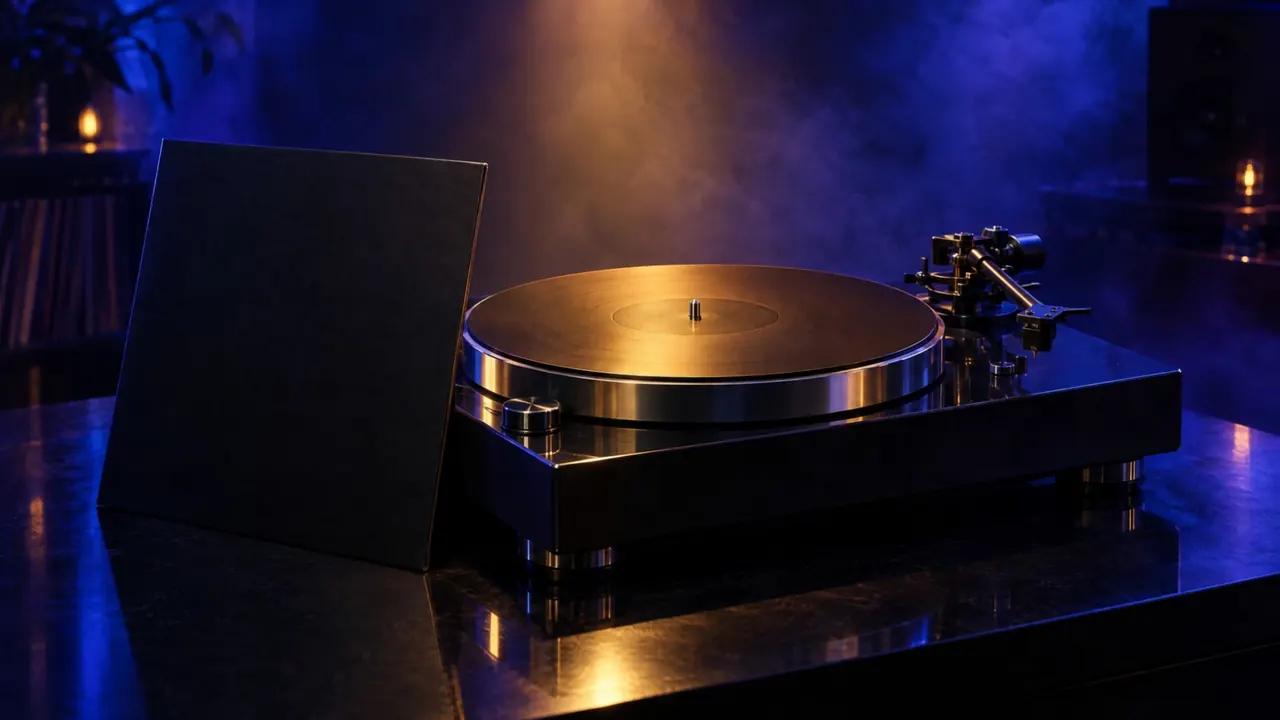 Tocadiscos y funda de vinilo de Beetle Lab, sello discográfico del Grupo Beetle, con luz azul de estudio