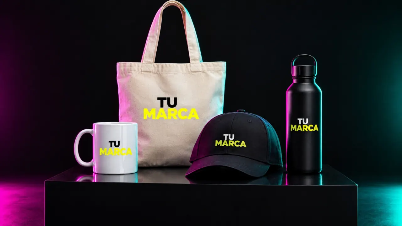 Merchandising personalizado de Beetle Print: taza, tote, gorra y botella con tu marca entre salpicaduras de color