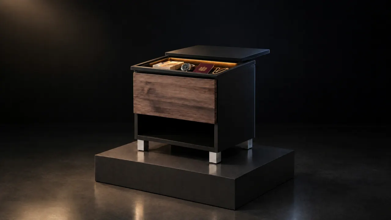 Mesita de noche negra Secret Haven de Beetle Wood con el compartimento oculto abierto bajo el tablero