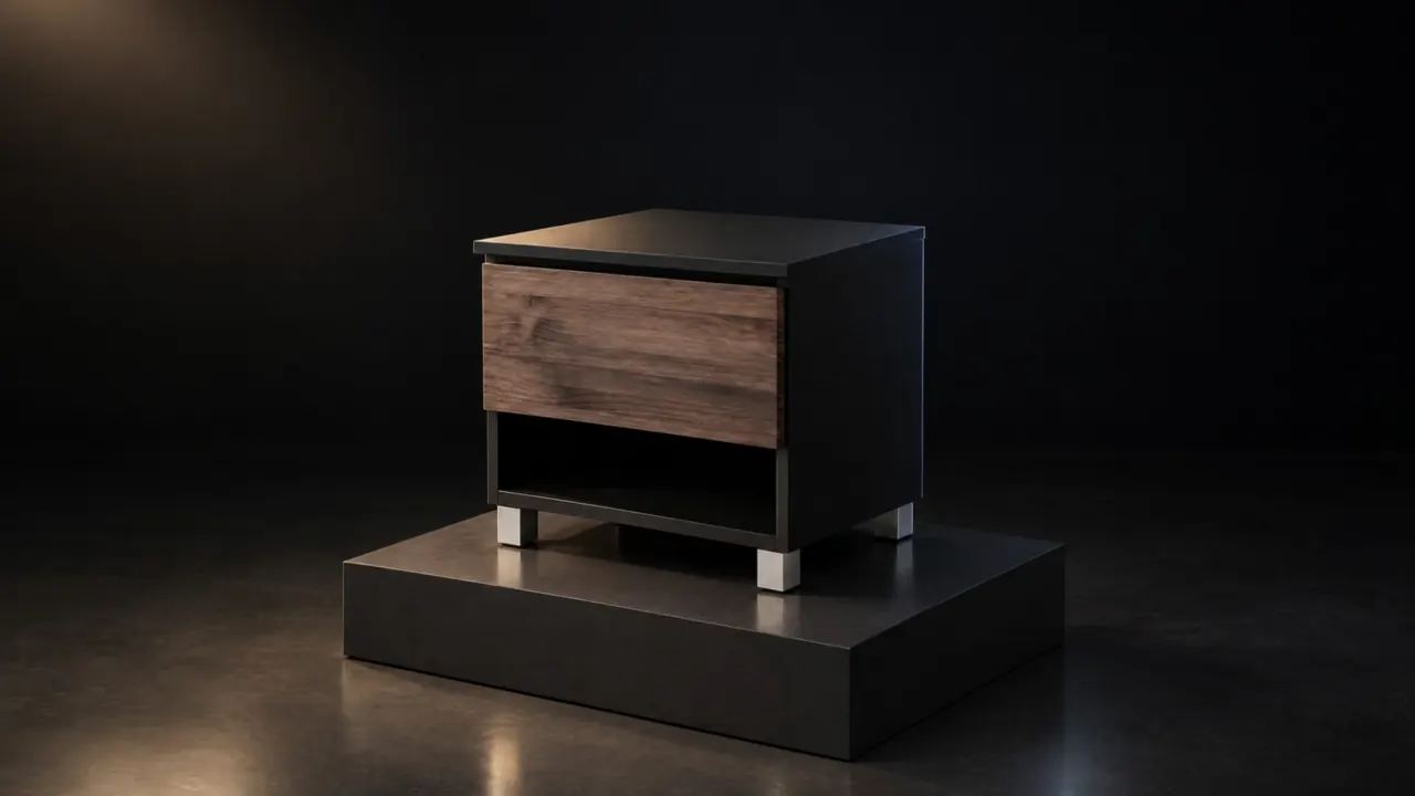 Mesita de noche negra Secret Haven de Beetle Wood con frente de madera y el compartimento oculto cerrado